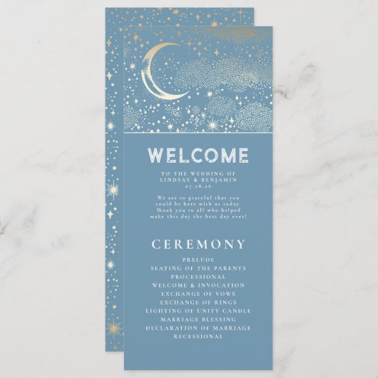 Celestial Dusty Blue and Gold Wedding Programs Programm (Vorne/Hinten)
