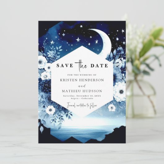 Celestial Elegant Moonlit Wedding Save The Date (Stehend Vorderseite)