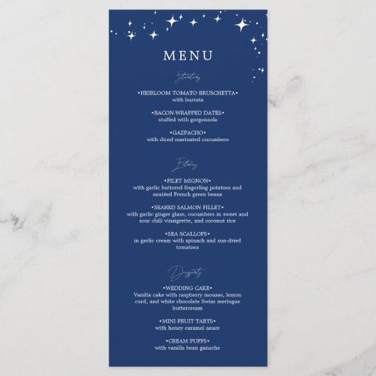 Celestial Elegant Navy Blue Wedding Flat Menu Menükarte (Vorderseite)