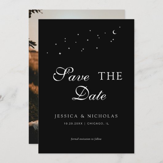 Celestial Elegant Script Black Wedding Foto Save The Date (Vorne/Hinten)