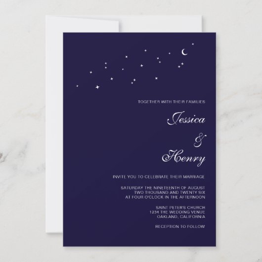Celestial Elegant Script Midnight Blue Wedding Einladung (Vorderseite)