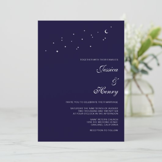 Celestial Elegant Script Midnight Blue Wedding Einladung (Stehend Vorderseite)