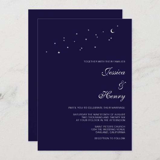 Celestial Elegant Script Midnight Blue Wedding Einladung (Vorne/Hinten)