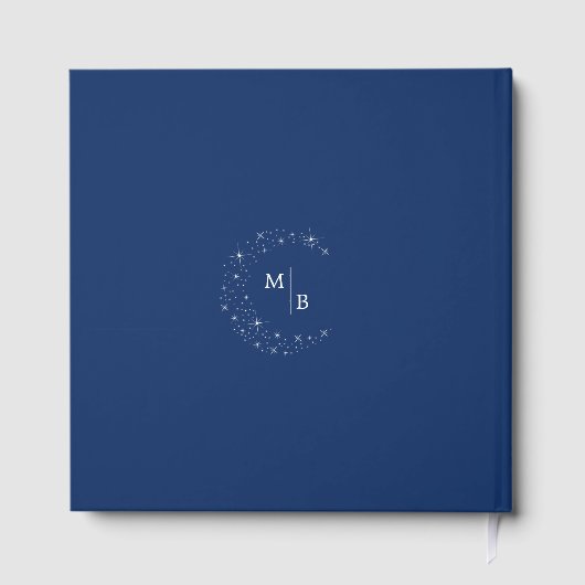 Celestial Elegant Wedding Moon Navy Blue Monogram Gästebuch (Rückseite)