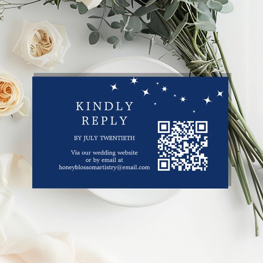 Celestial Elegant Wedding Navy Blue QR Code RSVP Begleitkarte