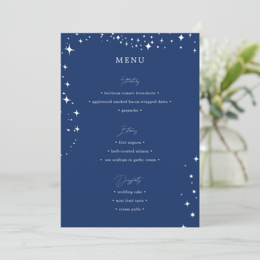 Celestial Elegant Wedding Simple Navy Blue Menü Menükarte (Stehend Vorderseite)