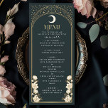 Celestial Elegante Art Nouveau Hochzeit Menükarte<br><div class="desc">Genießen Sie Ihre Veranstaltung mit unserem Jugendstil-inspirierten Menü! Mit einem strahlenden goldenen Bogen, glänzenden Sternen und einem zarten Set mit weißen Blume vor tiefblauem Hintergrund verleiht dieses Design Ihrem Tisch zeitlose Eleganz. Es eignet sich perfekt für Hochzeiten, Galas und Ansammlungen im gehobenen Stil! Bitte beachten Sie, dass das Gold auf...</div>