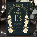 Celestial Elegante Art Nouveau Hochzeit Tischnummer<br><div class="desc">Steigern Sie Ihre Veranstaltung mit Eleganz! Die Tischkarten im Jugendstil sind mit goldenen Gewölben, glänzenden Stars und einem zarten Set mit weißer Blume vor tiefblauem Hintergrund ausgestattet - ein zeitloses Design für Hochzeiten, Abendessen oder Feiern. Fügen Sie Ihrer Tischdekoration heute eine Touch Vintagen Charmes hinzu! Bitte beachten Sie, dass das...</div>