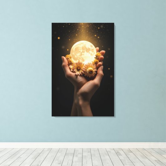 Celestial Embrace: Moon & Blume Leinwand Kunst (Insitu (Holzboden))