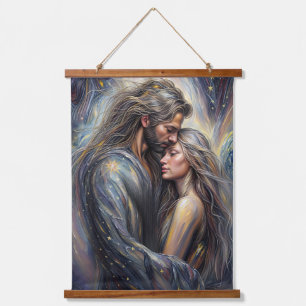 Celestial Embrace Romantic Starry Night Wandteppich Mit Holzrahmen