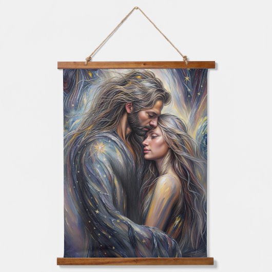Celestial Embrace Romantic Starry Night Wandteppich Mit Holzrahmen (Vorderseite)