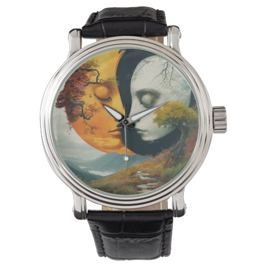 "Celestial Embrace: Sun & Moon Wrist Watch" Armbanduhr (Vorderseite)