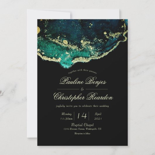 Celestial Emerald Black Gold Ink Wash Wedding Einladung (Vorderseite)