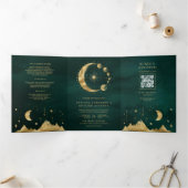 Celestial Emerald Gold Crescent Moon Phase Wedding Dreifach Gefaltete Einladung (Innenseite)