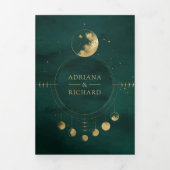 Celestial Emerald Gold Crescent Moon Phase Wedding Dreifach Gefaltete Einladung (Cover)