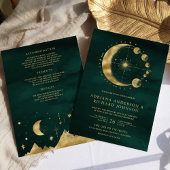 Celestial Emerald Gold Crescent Moon Phase Wedding Einladung