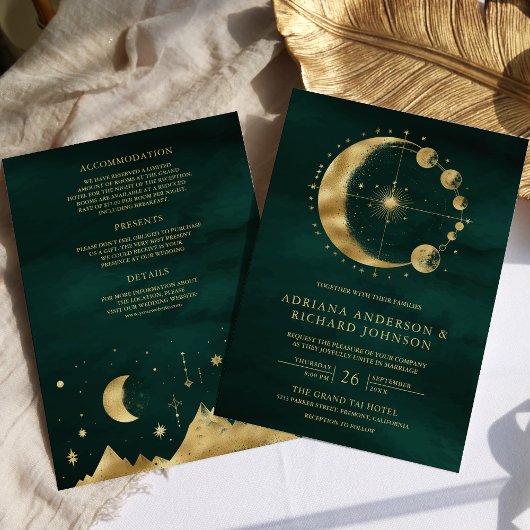 Celestial Emerald Gold Crescent Moon Phase Wedding Einladung