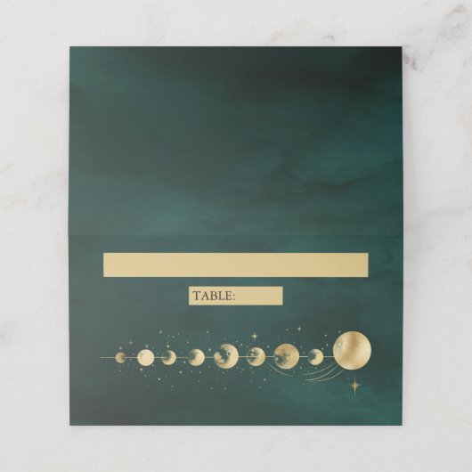 Celestial Emerald Gold Crescent Moon Phase Wedding Platzkarte (Außenseite Aufgefaltet)