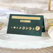 Celestial Emerald Gold Crescent Moon Phase Wedding Platzkarte
