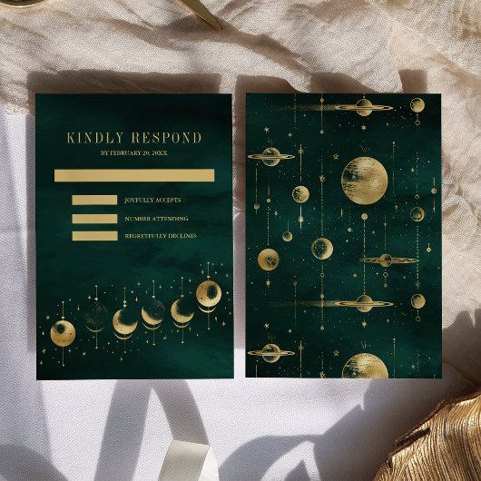 Celestial Emerald Gold Crescent Moon Phase Wedding RSVP Karte
