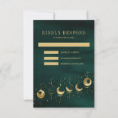 Celestial Emerald Gold Crescent Moon Phase Wedding RSVP Karte (Vorderseite)