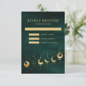 Celestial Emerald Gold Crescent Moon Phase Wedding RSVP Karte (Stehend Vorderseite)