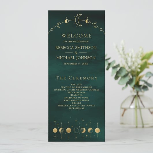 Celestial Emerald Gold Crescent Wedding Program (Stehend Vorderseite)