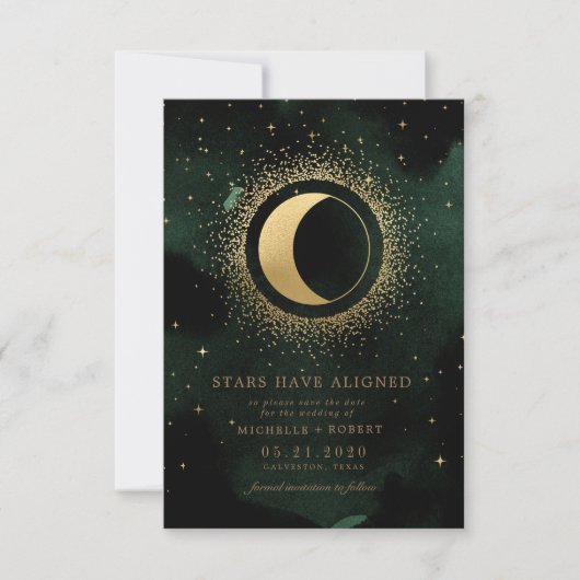 Celestial Emerald Gold Moon Foto Save the Date Einladung (Vorderseite)