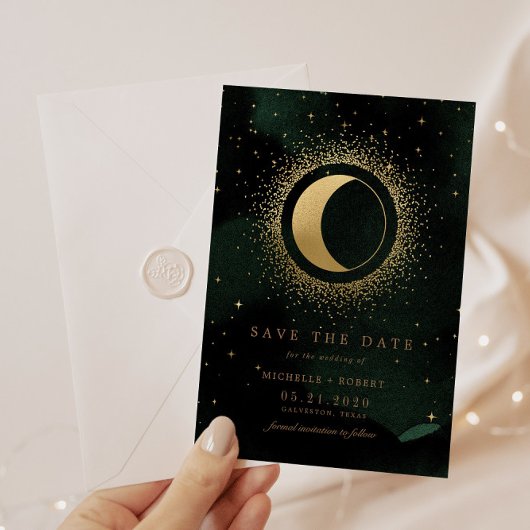 Celestial Emerald Gold Moon Foto Save the Date Einladung