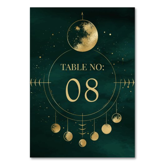 Celestial Emerald Gold Moon Phasen Hochzeit Tischnummer (Rückseite)