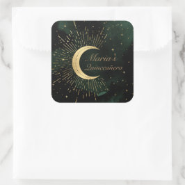 Celestial Emerald Gold Moon Quinceañera Quadratischer Aufkleber