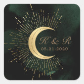Celestial Emerald Gold Moon Wedding Quadratischer Aufkleber (Vorderseite)