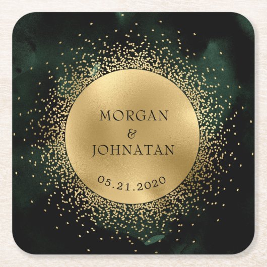Celestial Emerald Gold Moon Wedding Rechteckiger Pappuntersetzer (Vorderseite)