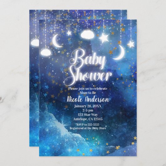 Celestial Fantasy Gold Stars & Glow Baby Shower Einladung (Vorne/Hinten)