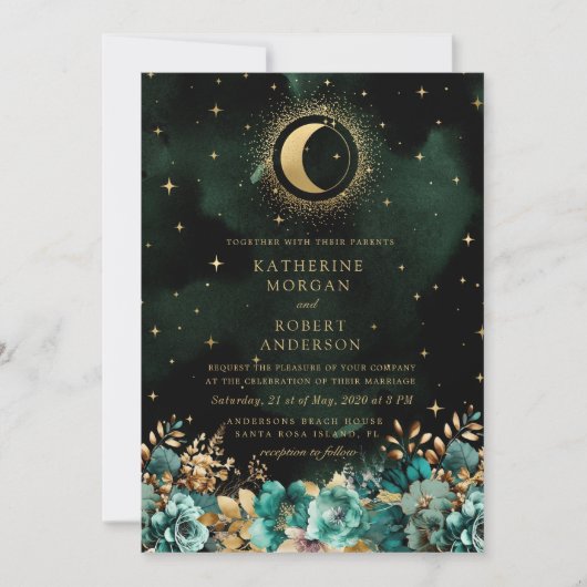 Celestial Floral Aquamarin Stars Moon Wedding Einladung (Vorderseite)