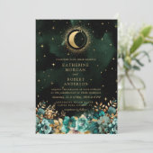 Celestial Floral Aquamarin Stars Moon Wedding Einladung (Stehend Vorderseite)