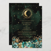 Celestial Floral Aquamarin Stars Moon Wedding Einladung (Vorne/Hinten)