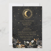 Celestial Floral Black Stars Moon Wedding Einladung (Vorderseite)