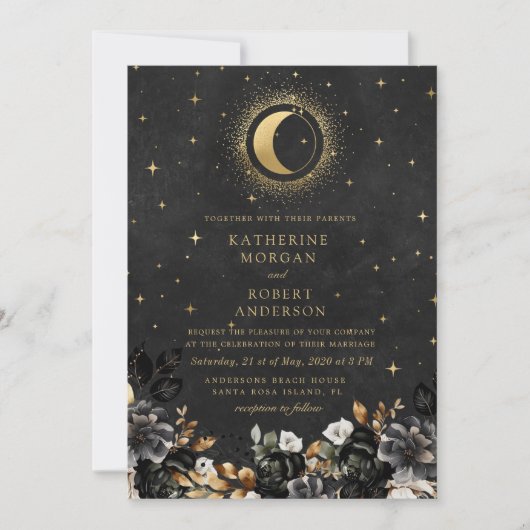 Celestial Floral Black Stars Moon Wedding Einladung (Vorderseite)