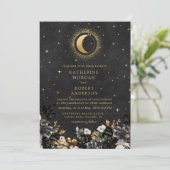 Celestial Floral Black Stars Moon Wedding Einladung (Stehend Vorderseite)