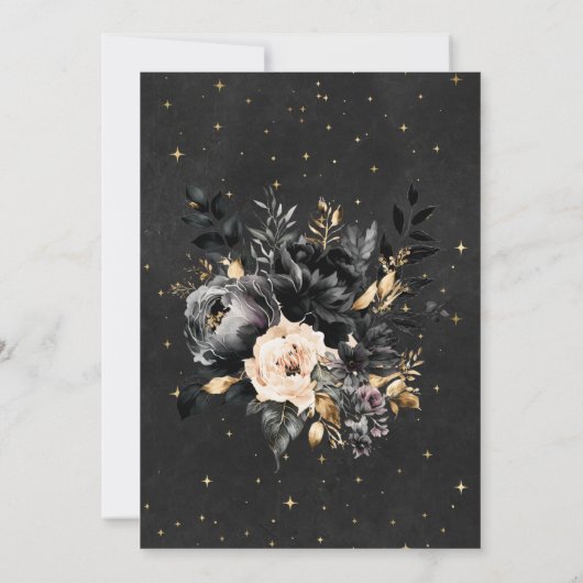 Celestial Floral Black Stars Moon Wedding Einladung (Rückseite)