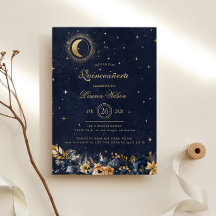 Celestial Floral Blue Gold Stars Quinceanera
