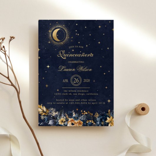 Celestial Floral Blue Gold Stars Quinceanera Einladung