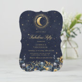 Celestial Floral Blue Stars Moon Birthday Einladung (Stehend Vorderseite)