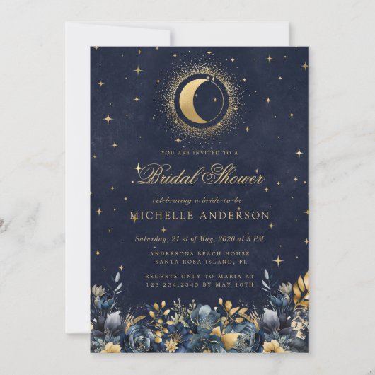 Celestial Floral Blue Stars Moon Brautparty Einladung (Vorderseite)
