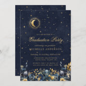 Celestial Floral Blue Stars Moon Graduation Party Einladung (Vorne/Hinten)