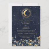 Celestial Floral Blue Stars Moon Wedding Einladung (Vorderseite)