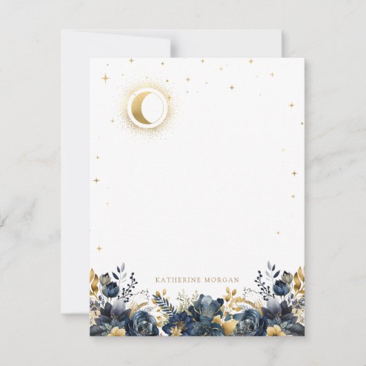 Celestial Floral Blue Stars Moon Wedding Mitteilungskarte (Vorderseite)