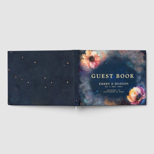 Celestial Floral Galaxy Starry Night Blue Wedding Gästebuch (Voll)
