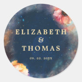 Celestial Floral Galaxy Starry Night Blue Wedding Runder Aufkleber (Vorderseite)